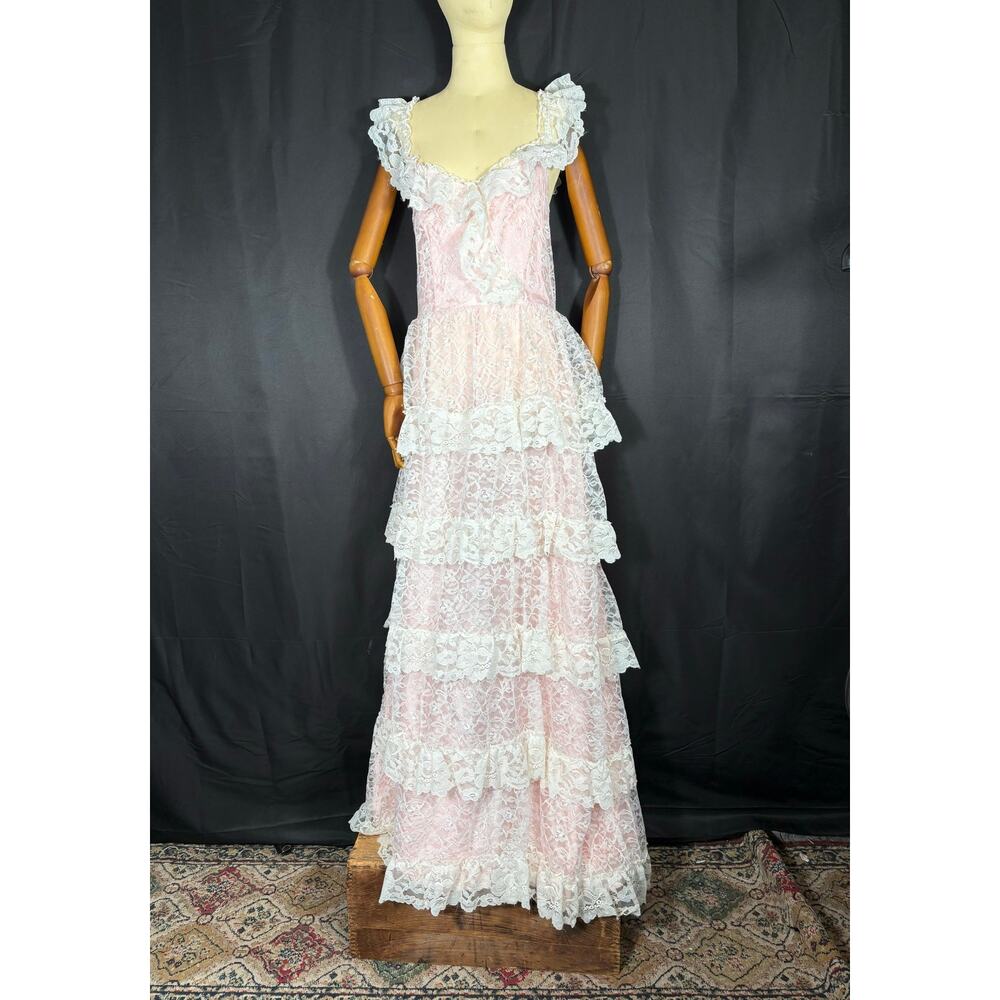 Vintage 80's Pink Satin with White Layered Lace Prom Dress Ball Gown Sleeveless